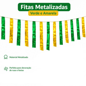Fitas Metalizadas Verde e Amarela para Decoração – 10 Metros por Pacote